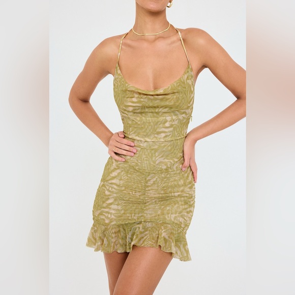 Mistress Rocks Olive Print Ruffle Mini Dress NWT - Picture 3 of 12